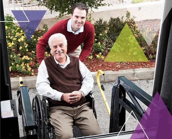A driver helps a man onto a bus. What does MTM Transit do? MTM Transit services solve transit challenges, including paratransit brokerage.